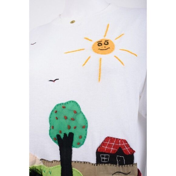 La Vicuna Peru Womens StichWork Shirt Top L White Village scene Head Band - Picture 4 of 9